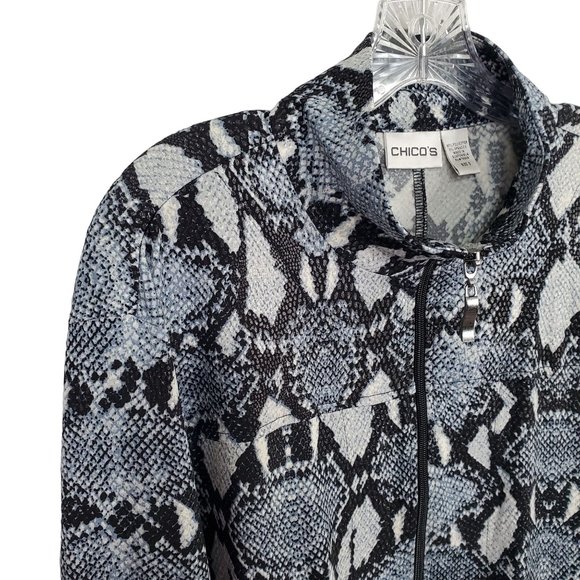 Chico's 3 Sz XL Jacket Blue Reptile Print Zip Belt Pockets Stretch Fluid Jersey - Picture 4 of 9